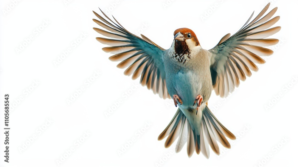 Obraz premium Vibrant Sparrow with Spread Wings Taking Flight in Nature