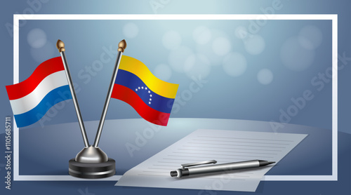 Netherlands and Venezuela Small national flag on bokeh background, cooperative relationship