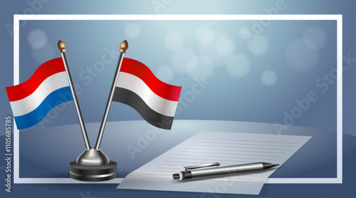 Netherlands and Yemen Small national flag on bokeh background, cooperative relationship