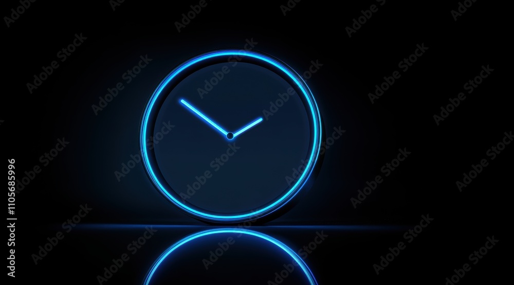 A glowing blue clock against a dark background with a reflection, symbolizing time and the color spectrum. A glowing blue clock against a dark background with a reflection, symbolizing time and the color spectrum.