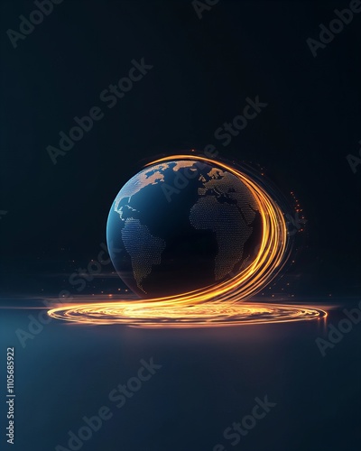 A glowing futuristic globe wrapped in golden light trails, symbolizing global connectivity, innovation, and advanced technology