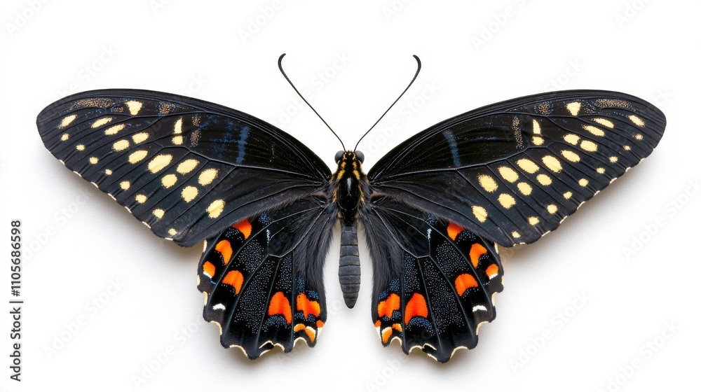 Close up view of a beautifully patterned black and yellow tropical butterfly with delicate wings Close up view of a beautifully patterned black and yellow tropical butterfly with delicate wings