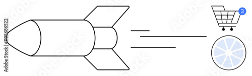 Rocket shooting towards a shopping cart with notification and progress wheel. Ideal for ecommerce, fast delivery, progress, speed, technological advancements, online shopping, business growth themes