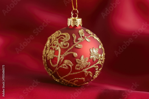 This image shows a stylish red Christmas ornament adorned with elegant gold patterns, adding a traditional yet sophisticated touch to any holiday setting.