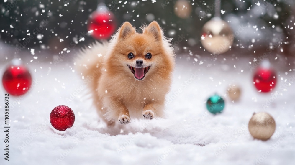 Obraz premium Happy Pomeranian Running in Snowy Yard