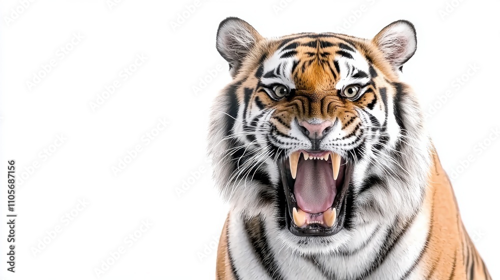 Fototapeta premium Fierce Tiger Snarling with Bared Fangs in Intense Close up Portrait