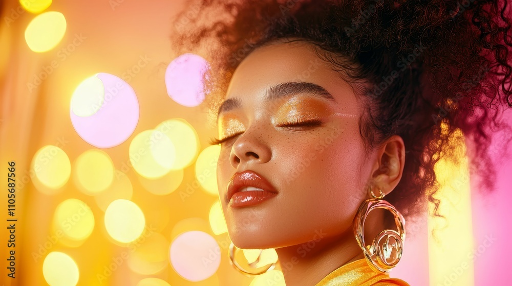 makeup highlighter subtle concept, A close-up portrait of a woman with curly hair, showcasing vibrant makeup against a colorful bokeh background. makeup highlighter subtle concept, A close-up portrait of a woman with curly hair, showcasing vibrant makeup against a colorful bokeh background.