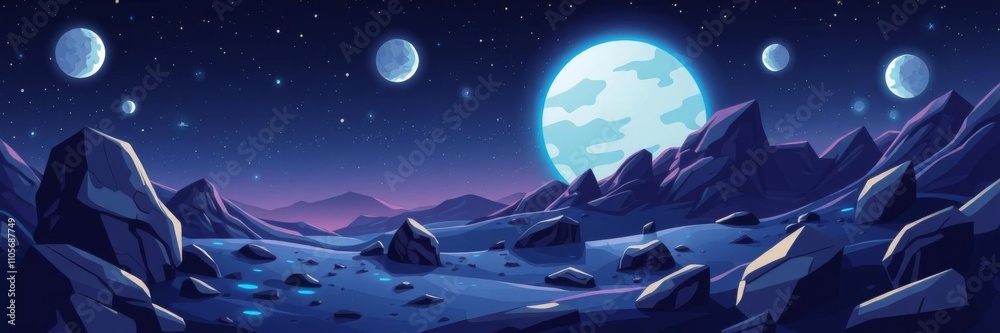 Obraz premium Alien planet landscape at night with glowing rocks, moons, stars in sky, alien, planet, rocks