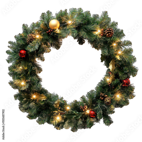 Beautiful Holiday Wreath Featuring Pine Branches, Berries, Ornaments, and Lights on a White Background - Perfect for Seasonal Decorations and Cards