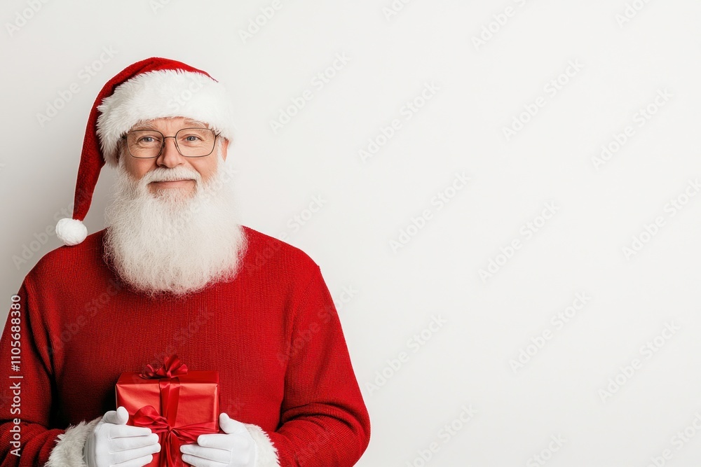 Middle-aged man dressed as Santa Claus smiles while holding a wrapped gift. He embodies the spirit of Christmas cheer and warmth, perfect for holiday celebrations Middle-aged man dressed as Santa Claus smiles while holding a wrapped gift. He embodies the spirit of Christmas cheer and warmth, perfect for holiday celebrations