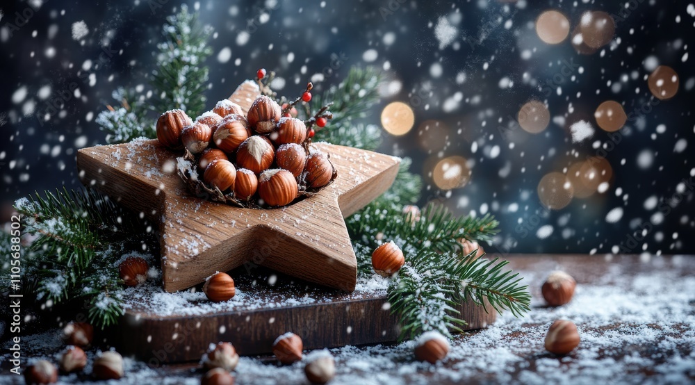 A small wooden container filled with hazelnuts, placed on top of an elegant star-shaped board A small wooden container filled with hazelnuts, placed on top of an elegant star-shaped board