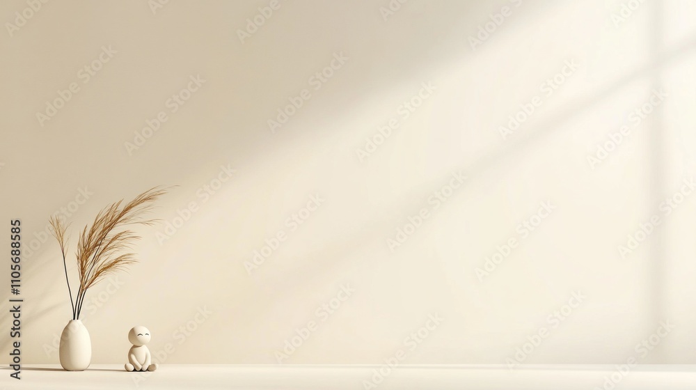 The composition features a sleek vase holding dried grass next to a small decorative figure on a clean, light surface, illuminated by soft natural light The composition features a sleek vase holding dried grass next to a small decorative figure on a clean, light surface, illuminated by soft natural light
