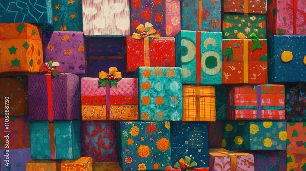 A festive scene with a stack of colorful Christmas gift boxes wrapped in vibrant, patterned paper A festive scene with a stack of colorful Christmas gift boxes wrapped in vibrant, patterned paper
