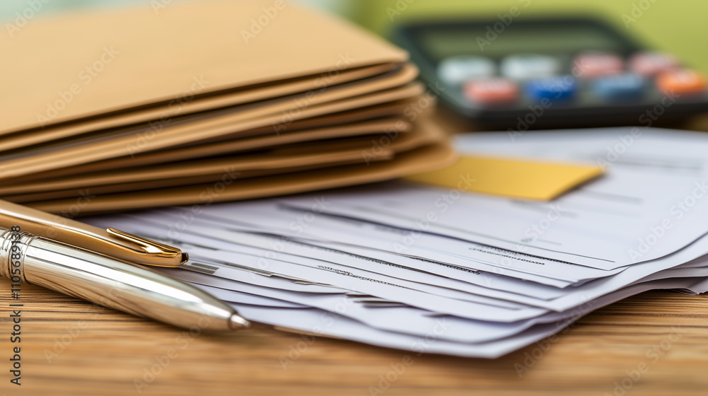 Medical bills neatly stacked on a wooden desk with a pen and calculator nearby, softly blurred background highlighting the financial paperwork, representing healthcare expenses, billing Medical bills neatly stacked on a wooden desk with a pen and calculator nearby, softly blurred background highlighting the financial paperwork, representing healthcare expenses, billing