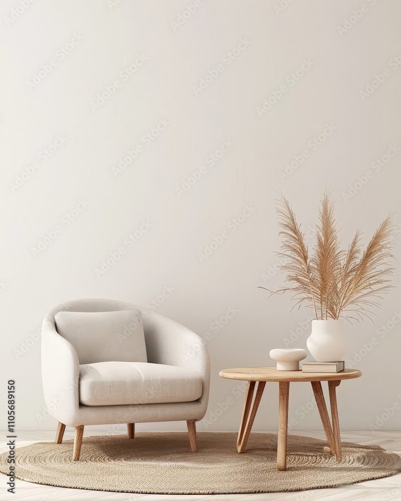 A cozy living room with a white armchair. a wooden coffee table. and a vase of pampas grass on a round rug A cozy living room with a white armchair. a wooden coffee table. and a vase of pampas grass on a round rug