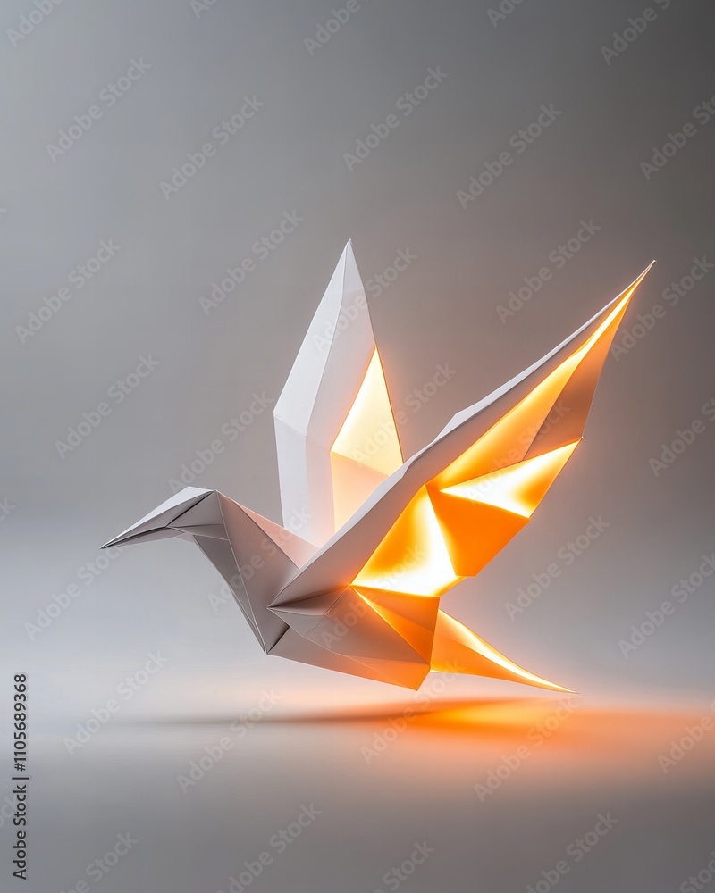 Fototapeta premium A stunning origami bird with glowing golden light emanating from within, symbolizing creativity, freedom, and innovation, set against a minimalistic background