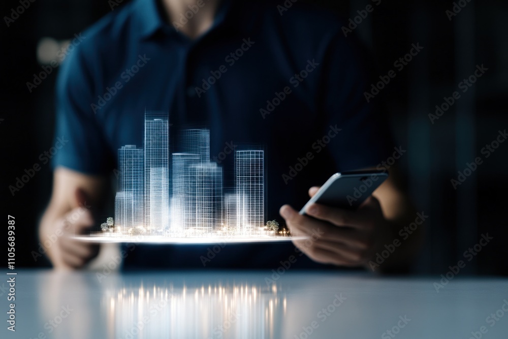 A young man in a blue polo shirt stands in a contemporary workspace, holding a smartphone and interacting with a holographic representation of a cityscape A young man in a blue polo shirt stands in a contemporary workspace, holding a smartphone and interacting with a holographic representation of a cityscape