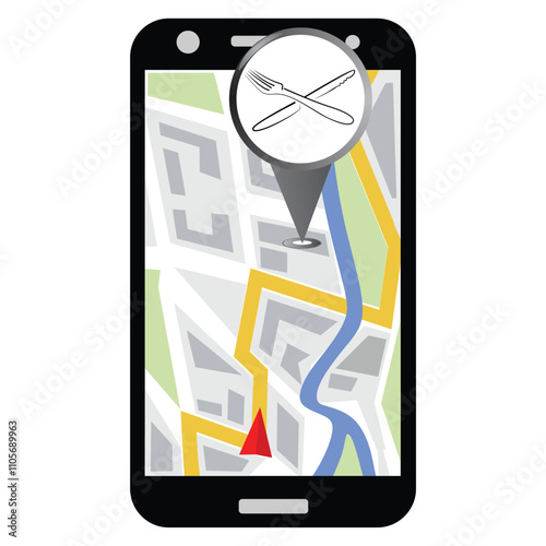 A smartphone with a map navigation app that leads to restaurant pins. Map GPS navigation. Vector illustration.