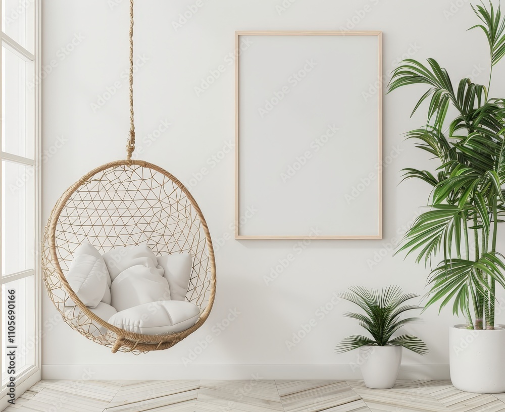 Minimalist living room interior with a hanging chair. potted plants and a blank frame on a white wall Minimalist living room interior with a hanging chair. potted plants and a blank frame on a white wall