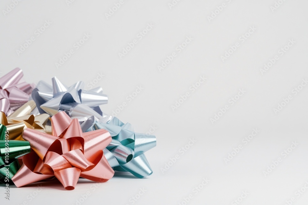 A variety of vibrant gift bows in different shapes and sizes are scattered messily on a smooth, light background, creating a festive atmosphere perfect for gift wrapping A variety of vibrant gift bows in different shapes and sizes are scattered messily on a smooth, light background, creating a festive atmosphere perfect for gift wrapping