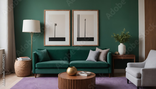 A modern living room with a dark cyan sofa against a soft colour wall featuring vertical poster frames in wooden frame borders 3d illustration template