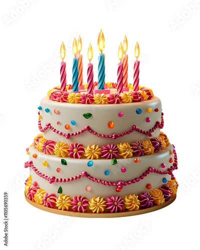 Colorful Birthday Cake with Candles - 3D Render - Transparent PNG