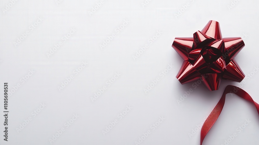 A glossy red gift bow with a textured ribbon loop stands out on a plain white background A glossy red gift bow with a textured ribbon loop stands out on a plain white background