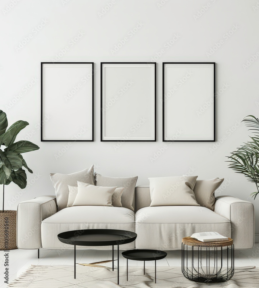 Minimalist living room interior with a white sofa. three black frames. and two coffee tables