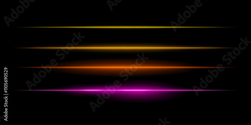 Horizontal colorful light streaks set. Thin glowing lines, white illumination, futuristic light effects, abstract design, minimal glow, decorative elements, smooth gradients, modern visuals