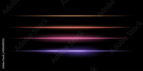 Horizontal colorful light streaks set. Thin glowing lines, white illumination, futuristic light effects, abstract design, minimal glow, decorative elements, smooth gradients, modern visuals