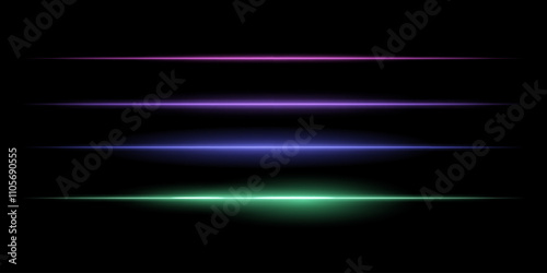 Horizontal colorful light streaks set. Thin glowing lines, white illumination, futuristic light effects, abstract design, minimal glow, decorative elements, smooth gradients, modern visuals