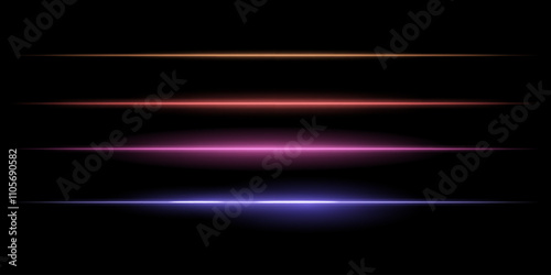 Horizontal colorful light streaks set. Thin glowing lines, white illumination, futuristic light effects, abstract design, minimal glow, decorative elements, smooth gradients, modern visuals