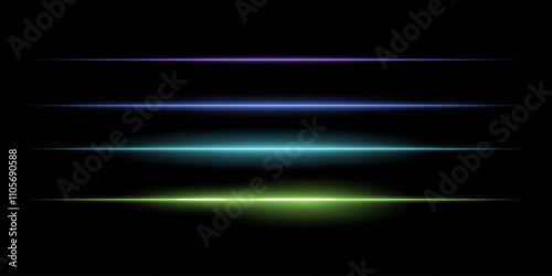 Horizontal colorful light streaks set. Thin glowing lines, white illumination, futuristic light effects, abstract design, minimal glow, decorative elements, smooth gradients, modern visuals