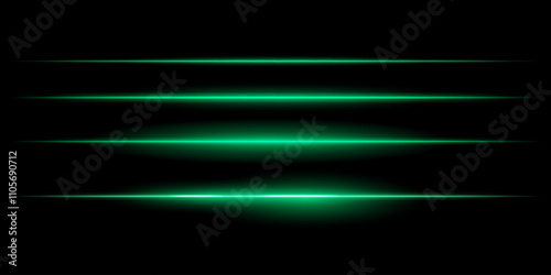 Horizontal green light streaks set. Thin glowing lines, white illumination, futuristic light effects, abstract design, minimal glow, decorative elements, smooth gradients, modern visuals