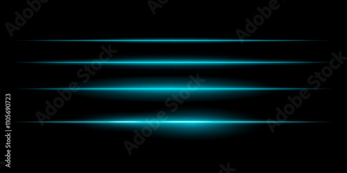 Horizontal blue light streaks set. Thin glowing lines, white illumination, futuristic light effects, abstract design, minimal glow, decorative elements, smooth gradients, modern visuals