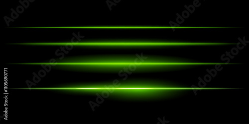 Horizontal green light streaks set. Thin glowing lines, white illumination, futuristic light effects, abstract design, minimal glow, decorative elements, smooth gradients, modern visuals