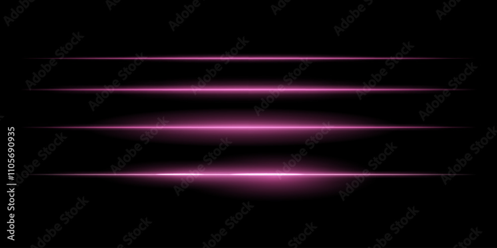 Horizontal purple light streaks set. Thin glowing lines, white illumination, futuristic light effects, abstract design, minimal glow, decorative elements, smooth gradients, modern visuals