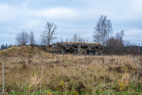 Obraz na płótnie A historical image of a well-preserved infantry bunker near the town of Kraliky, showcasing its solid concrete structure and significance as a part of Czechoslovakia's wartime fortifications. w salonie