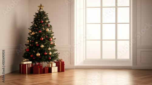 Ornate Christmas tree adorned with twinkling lights and festive ornaments standing tall in a classic white room with a parquet floor, surrounded by a plethora of wrapped gifts. Ideal as a holiday back