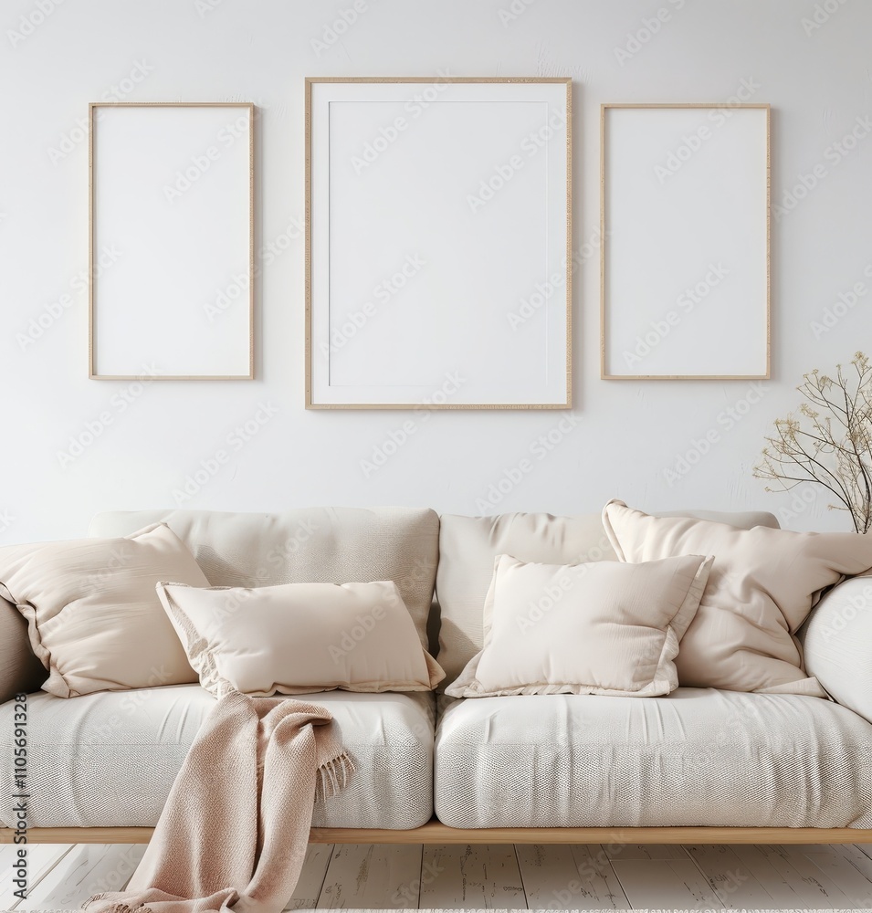 Minimalist living room interior with a white sofa. three empty frames. and a throw blanket Minimalist living room interior with a white sofa. three empty frames. and a throw blanket
