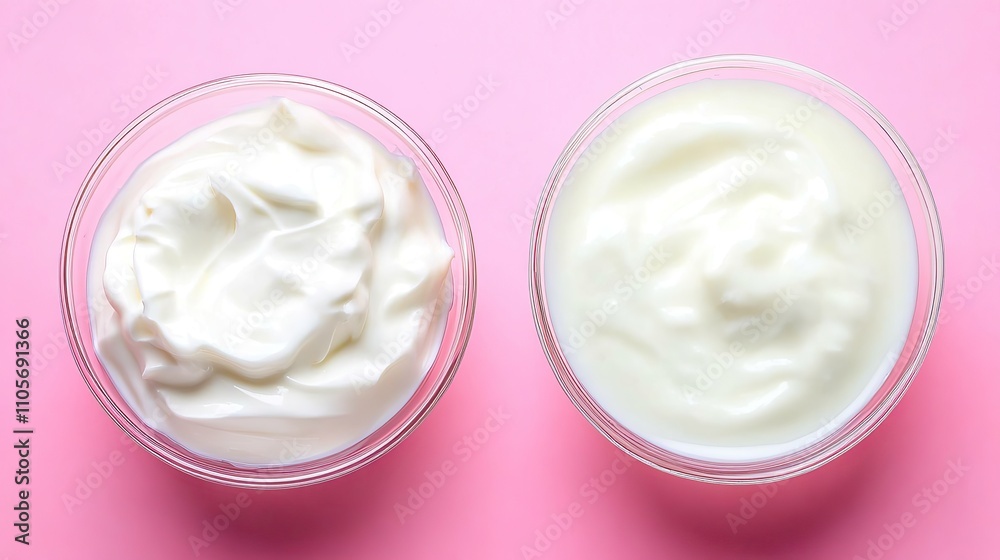 Two glass bowls of white creamy yogurt on a pink background. Two glass bowls of white creamy yogurt on a pink background.