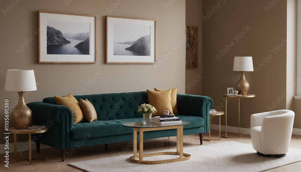 A modern living room with a dark cyan sofa against a soft colour wall featuring vertical poster frames in wooden frame borders 3d illustration template A modern living room with a dark cyan sofa against a soft colour wall featuring vertical poster frames in wooden frame borders 3d illustration template