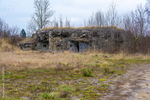 Obraz na płótnie A historical image of a well-preserved infantry bunker near the town of Kraliky, showcasing its solid concrete structure and significance as a part of Czechoslovakia's wartime fortifications. w salonie