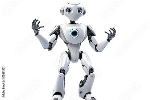 A futuristic, friendly AI robot with large, expressive eyes, standing with outstretched arms, showing a welcoming gesture isolated on white background