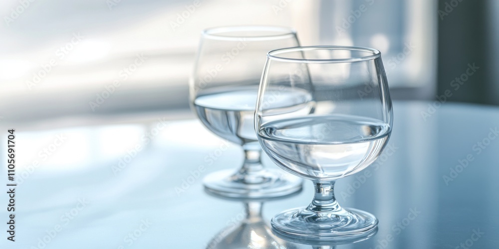 Two elegant glass water glasses filled with clear water rest on a shiny table surface. Soft sunlight filters through a window, creating a serene atmosphere Two elegant glass water glasses filled with clear water rest on a shiny table surface. Soft sunlight filters through a window, creating a serene atmosphere