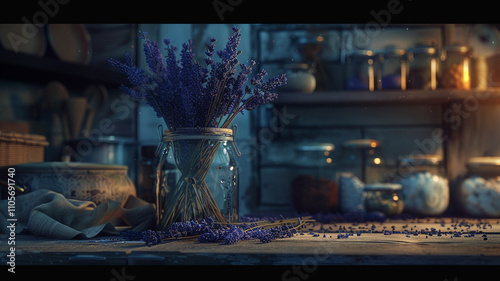 A beautiful display of dried lavender in a glass jar, imparting a soothing fragrance and infusing rustic charm into a cozy kitchen setting.