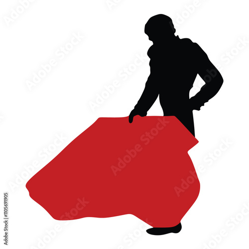 Corrida, bullfighting in Spain. Matador, bullfighter, bull fight. Spain traditional performance with matador, isolated silhouette of matador and bull , black and white drawing, white background