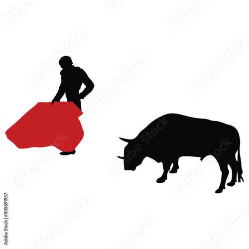 Corrida, bullfighting in Spain. Matador, bullfighter, bull fight. Spain traditional performance with matador, isolated silhouette of matador and bull , black and white drawing, white background