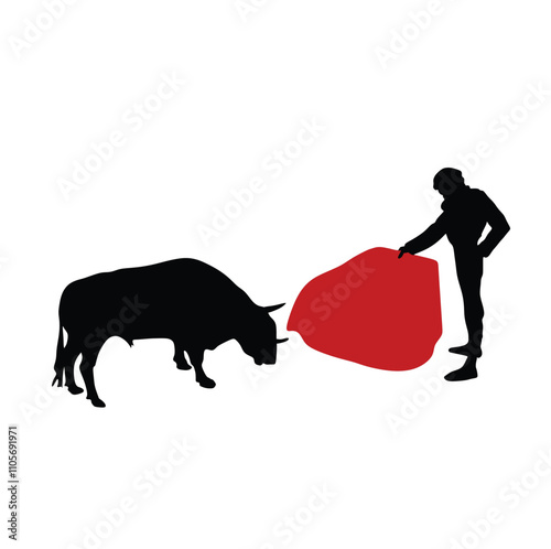Corrida, bullfighting in Spain. Matador, bullfighter, bull fight. Spain traditional performance with matador, isolated silhouette of matador and bull , black and white drawing, white background