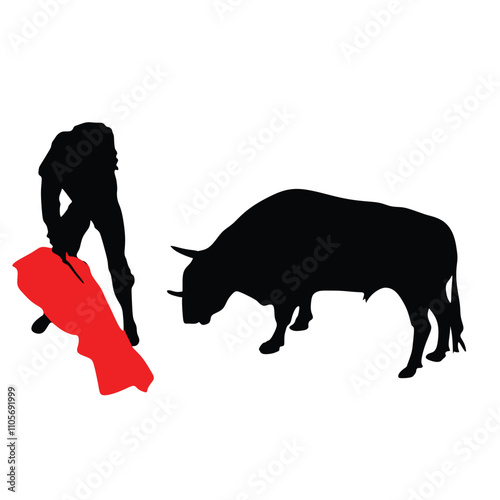 Corrida, bullfighting in Spain. Matador, bullfighter, bull fight. Spain traditional performance with matador, isolated silhouette of matador and bull , black and white drawing, white background